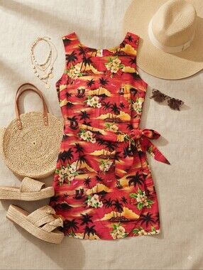 Vintage Kilani Red Yellow Orange Sunset Hawaiian Faux Wrap Dress